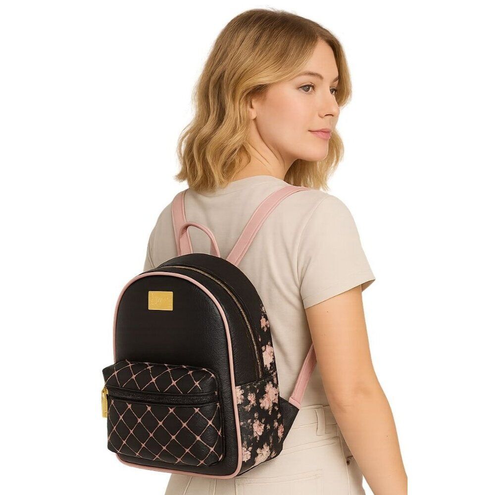Betsey Johnson Mini Backpack Bag Pink Black Floral Quilted Women's Woman's